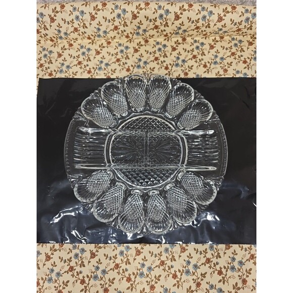 Vtg LE Smith Cut Glass Deviled Egg Plate Relish Platter Pineapple Round 10.5" - Picture 1 of 8